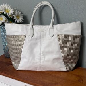 Jimmy Choo Large Tote Perfume Bag in White and Gold Detail Side Pockets